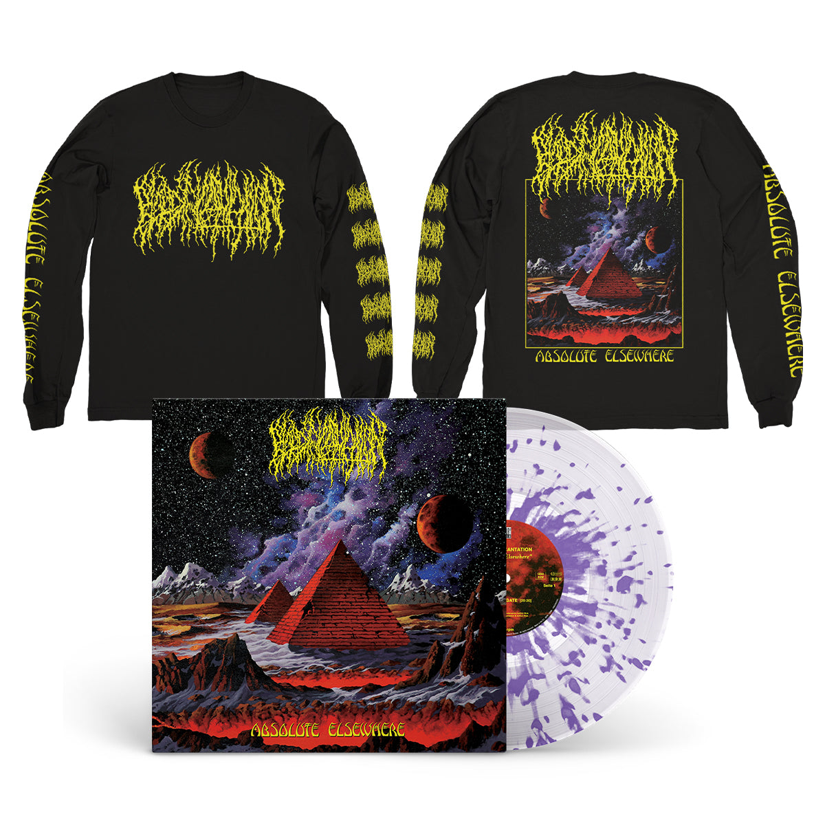 BLOOD INCANTATION &quot;Absolute Elsewhere&quot; LP + Longsleeve Bundle CLEAR LILAC SPLATTER