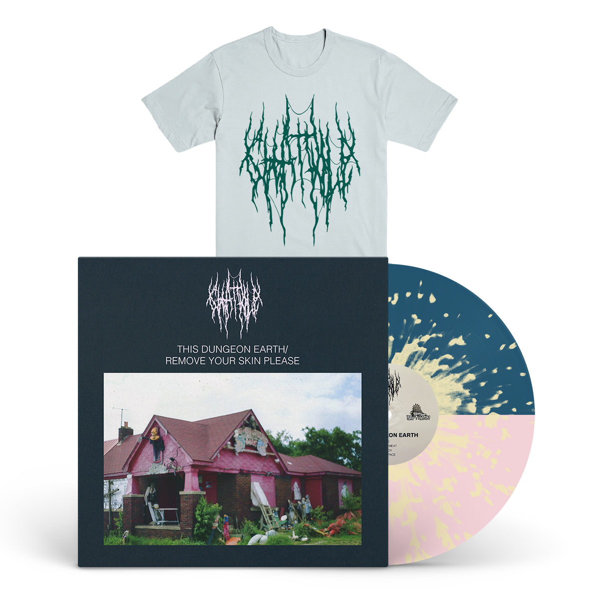 CHAT PILE "This Dungeon Earth/Remove Your Skin Please" LP + Ice Blue T-Shirt Bundle