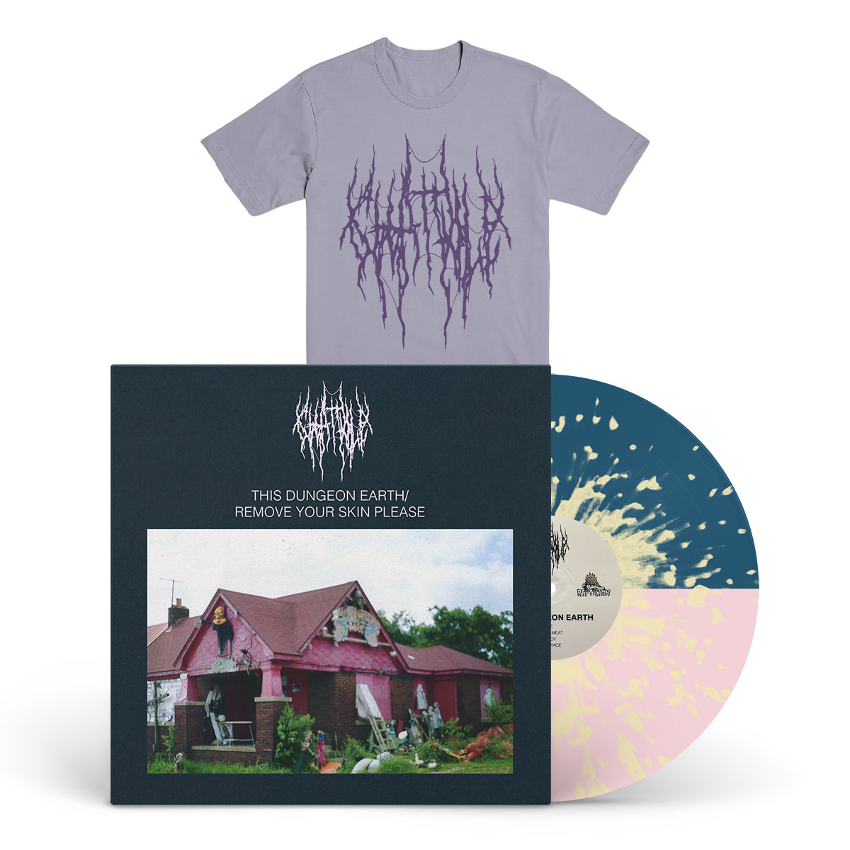CHAT PILE "This Dungeon Earth/Remove Your Skin Please" LP + Lavender T-Shirt Bundle
