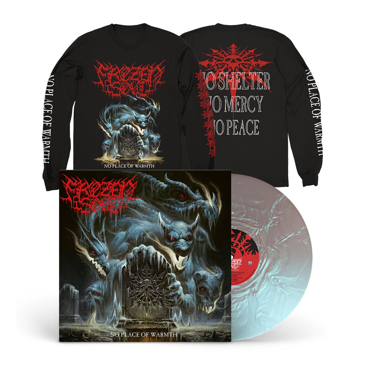 FROZEN SOUL "No Place Of Warmth" LP + Longsleeve Bundle PEARLESCENT LAGOON (EVIL GREED EXCLUSIVE)