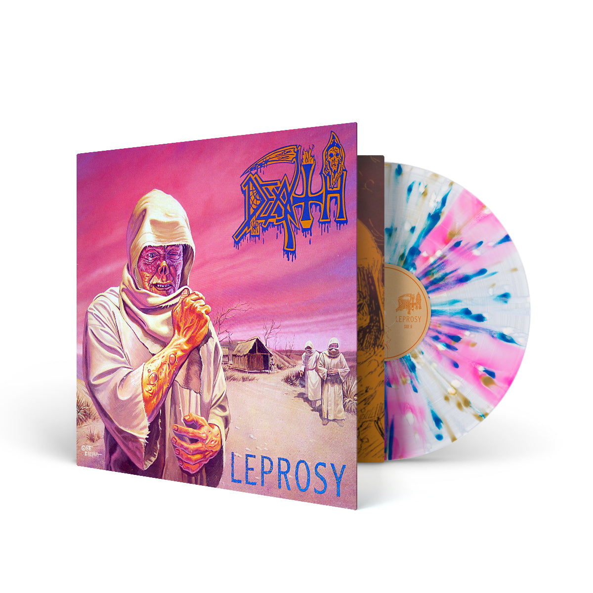 DEATH &quot;Leprosy (Reissue)&quot; LP CLEAR W NEON MAGENTA PINWHEELS AND BLUE, GOLD, WHITE SPLATTER