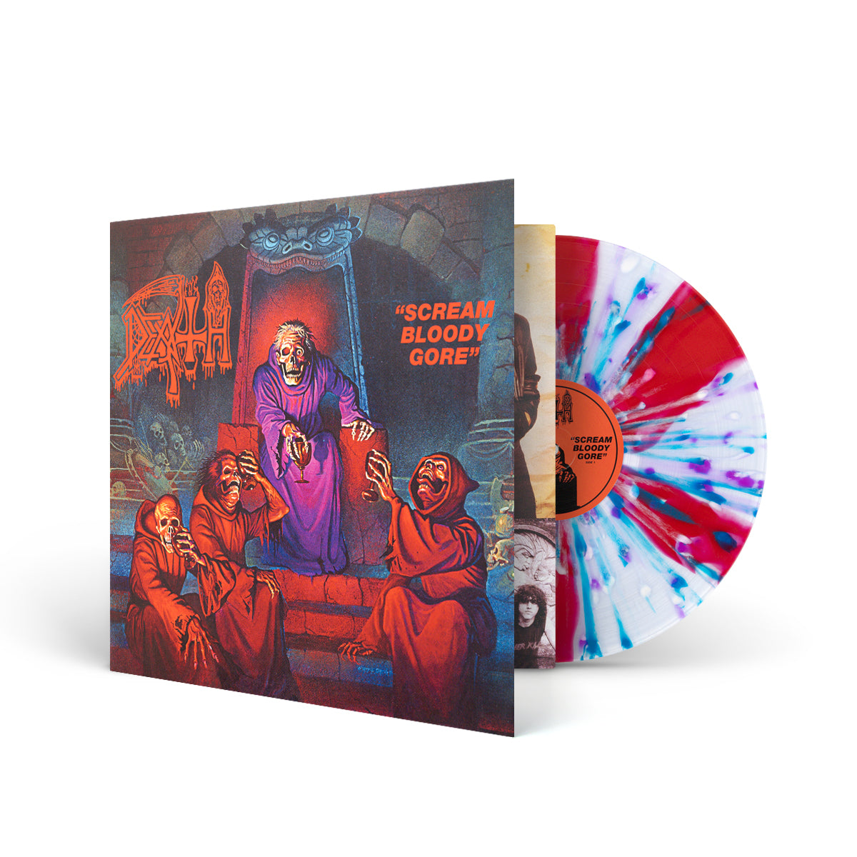 DEATH &quot;Scream Bloody Gore (Reissue)&quot; LP CLEAR W BLOOD RED PINWHEEL &amp; BLUE, VIOLET &amp; BONE SPLATTER